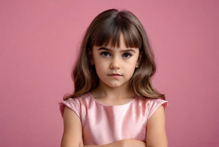 Serious funny little girl in pink dress arms crossed at pink backdrop, posing serious looking. Lovely kid lady coquette expressing emotion, studio shot. Child image emotion concept. Copy ad text spaceの素材