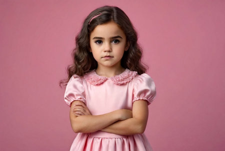 Serious funny little girl in pink dress arms crossed at pink backdrop, posing serious looking. Lovely kid lady coquette expressing emotion, studio shot. Child image emotion concept. Copy ad text spaceの素材