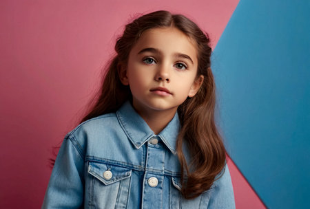 Pensive perfect little cover girl in blue attire posing at pink isolated background, thought looking away. Lovely emotional kid lady 9 year old, studio shot. Child emotion concept. Copy ad text spaceの素材