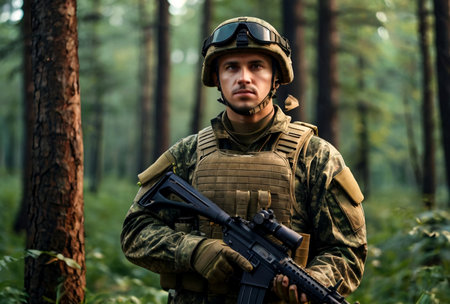 Ukrainian soldier man dressed military camouflage uniform with weapon at nature background, looking away. Male border guard in country border with autogun on war. Copy text spaceの素材