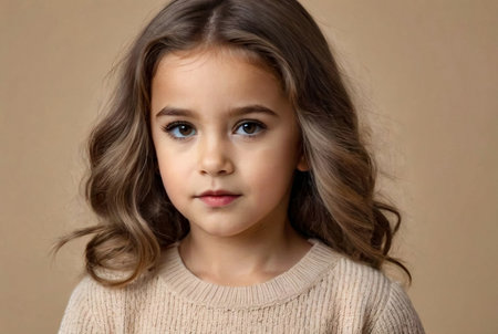 Perfect little girl child 5-6 year old posing at beige isolated, serious looking at camera. Portrait of cover kid lady poses at gray background, studio shot. Generation A concept. Copy ad text spaceの素材