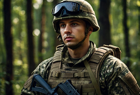 Ukrainian soldier man dressed military camouflage uniform with weapon at nature background, looking away. Male border guard in country border with autogun on war. Copy text spaceの素材