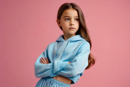 Pensive perfect little cover girl in blue attire posing at pink isolated background, thought looking away. Lovely emotional kid lady 9 year old, studio shot. Child emotion concept. Copy ad text spaceの素材