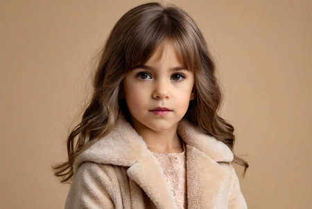 Perfect little girl child 5-6 year old posing at beige isolated, serious looking at camera. Portrait of cover kid lady poses at gray background, studio shot. Generation A concept. Copy ad text spaceの素材