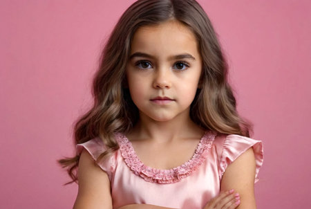 Serious funny little girl in pink dress arms crossed at pink backdrop, posing serious looking. Lovely kid lady coquette expressing emotion, studio shot. Child image emotion concept. Copy ad text spaceの素材