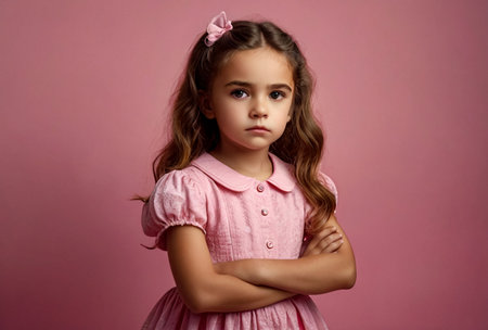 Serious funny little girl in pink dress arms crossed at pink backdrop, posing serious looking. Lovely kid lady coquette expressing emotion, studio shot. Child image emotion concept. Copy ad text spaceの素材