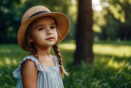 Portrait of cute 4 year old little girl in summer hat in summer park outdoors, looking away. Happy adorable little blonde child enjoy walking on playground in sunny day. Childhood concept. Copy spaceの素材