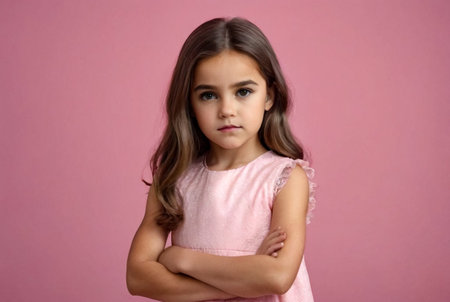 Serious funny little girl in pink dress arms crossed at pink backdrop, posing serious looking. Lovely kid lady coquette expressing emotion, studio shot. Child image emotion concept. Copy ad text spaceの素材
