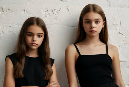 Two stylish teenage girls model 13-14 year old in black posing at white wall room, style look. Portrait of 2 luxury teen cover girls in attire indoors. Youth gen z fashion concept. Copy ad text spaceの素材
