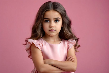 Serious funny little girl in pink dress arms crossed at pink backdrop, posing serious looking. Lovely kid lady coquette expressing emotion, studio shot. Child image emotion concept. Copy ad text spaceの素材