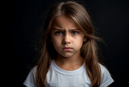 Portrait of frowning cover girl kid model 6 year old in white t-shirt expression emotion, angry looking at camera. Scowl child posing in black, studio shot. Kids emotional concept. Copy ad text spaceの素材