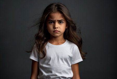 Portrait of frowning cover girl kid model 6 year old in white t-shirt expression emotion, angry looking at camera. Scowl child posing in black, studio shot. Kids emotional concept. Copy ad text spaceの素材