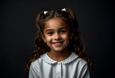 Portrait of little girl 7-8 year old in white attire posing at black backdrop, smile looking at camera. Pensive lovely child lady expressing emotions, studio shot. Youth concept. Copy ad text spaceの素材