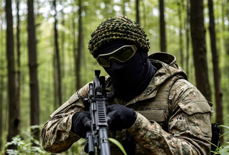 Soldier sniper in disguise military camouflage shooting from weapon in forest nature, unrecognizable masked. Military man guard in country border holding weapon on war, outdoors. Copy ad text spaceの素材