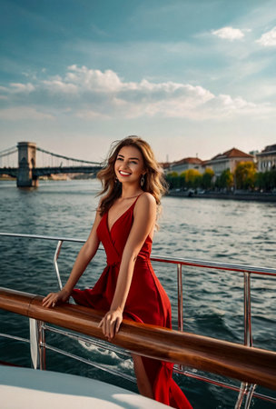 Happy perfect traveler young woman in red dress posing on yacht at city river, smiling look. Portrait of stylish lovely lady traveling at ship, outside. Fashionable style concept. Copy ad text spaceの素材