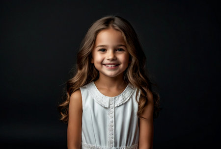 Portrait of little girl 7-8 year old in white attire posing at black backdrop, smile looking at camera. Pensive lovely child lady expressing emotions, studio shot. Youth concept. Copy ad text spaceの素材