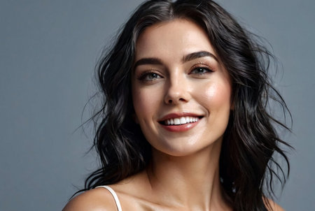 Perfect elegant woman with wet hair posing at shadow, laughing looking at camera. Portrait of sexy stylish cover lady model poses in dark studio. Fashionable style image concept. Copy ad text spaceの素材