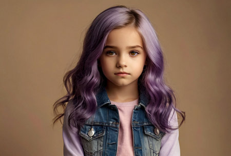 Portrait of stylish 10 year old girl model with purple colored hair at beige background, pensive looking at camera. Studio shot of charming kid posing. Generation A concept. Copy ad text spaceの素材