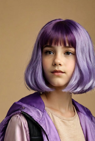 Portrait of stylish 10 year old girl model with purple colored hair at beige background, pensive looking at camera. Studio shot of charming kid posing. Generation A concept. Copy ad text spaceの素材