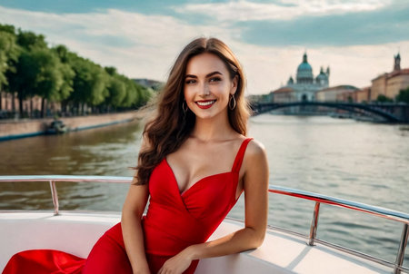 Happy perfect traveler young woman in red dress posing on yacht at city river, smiling look. Portrait of stylish lovely lady traveling at ship, outside. Fashionable style concept. Copy ad text spaceの素材