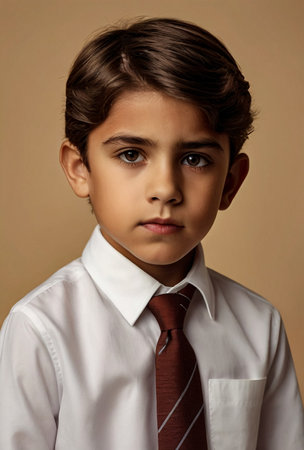 Portrait of serious 8 year old schoolboy in white shirt and tie at beige backdrop, pensive looking at camera. Cute kid boy model posing, studio shot. Learning, education concept. Copy ad text spaceの素材