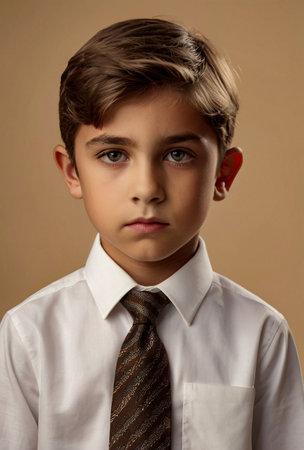 Portrait of serious 8 year old schoolboy in white shirt and tie at beige backdrop, pensive looking at camera. Cute kid boy model posing, studio shot. Learning, education concept. Copy ad text spaceの素材