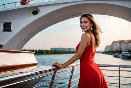Happy perfect traveler young woman in red dress posing on yacht at city river, smiling look. Portrait of stylish lovely lady traveling at ship, outside. Fashionable style concept. Copy ad text spaceの素材