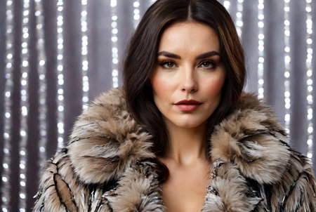 Portrait of serious chic lady in fur coat posing at bright tinsel backdrop, pensive looking at camera. Perfect stylish woman at shadow spotlight, studio. Fashionable style concept. Copy ad text spaceの素材