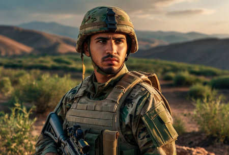 Algerian soldier man dressed military camouflage uniform with weapon at nature background, looking away. Portrait of male border guard in country border with autogun on war, outdoors. Copy text spaceの素材