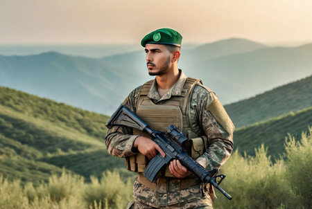 Algerian soldier man dressed military camouflage uniform with weapon at nature background, looking away. Portrait of male border guard in country border with autogun on war, outdoors. Copy text spaceの素材
