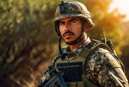 Mexican soldier man dressed military camouflage uniform with weapon at nature background, looking away. Portrait of male border guard in country border with autogun on war, outdoors. Copy text spaceの素材