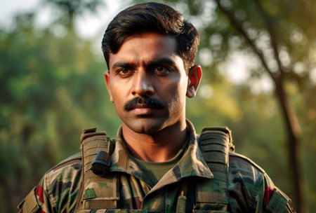 Indian soldier man dressed military camouflage uniform with weapon at nature background, looking away. Portrait of male border guard in country border with autogun on war, outdoors. Copy text spaceの素材