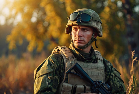 Russian soldier man dressed military camouflage uniform with weapon at nature background, looking away. Portrait of male border guard in country border with autogun on war, outdoors. Copy text spaceの素材