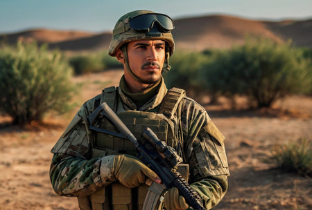 Algerian soldier man dressed military camouflage uniform with weapon at nature background, looking away. Portrait of male border guard in country border with autogun on war, outdoors. Copy text spaceの素材
