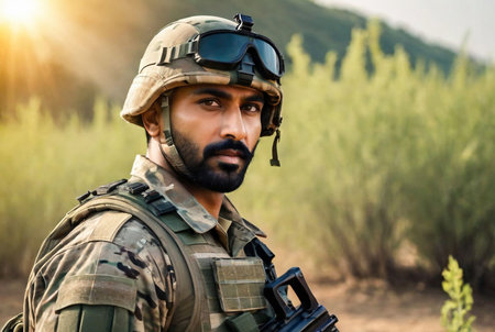 Indian soldier man dressed military camouflage uniform with weapon at nature background, looking away. Portrait of male border guard in country border with autogun on war, outdoors. Copy text spaceの素材