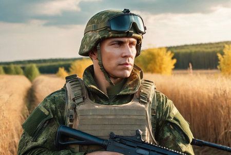 Russian soldier man dressed military camouflage uniform with weapon at nature background, looking away. Portrait of male border guard in country border with autogun on war, outdoors. Copy text spaceの素材