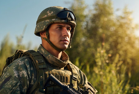 Russian soldier man dressed military camouflage uniform with weapon at nature background, looking away. Portrait of male border guard in country border with autogun on war, outdoors. Copy text spaceの素材