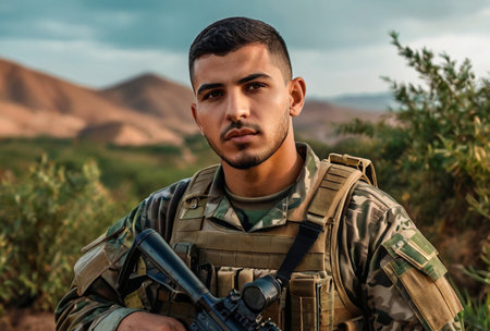 Algerian soldier man dressed military camouflage uniform with weapon at nature background, looking away. Portrait of male border guard in country border with autogun on war, outdoors. Copy text spaceの素材