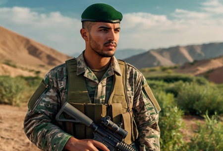Algerian soldier man dressed military camouflage uniform with weapon at nature background, looking away. Portrait of male border guard in country border with autogun on war, outdoors. Copy text spaceの素材