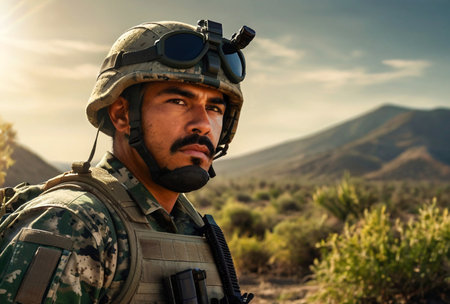 Mexican soldier man dressed military camouflage uniform with weapon at nature background, looking away. Portrait of male border guard in country border with autogun on war, outdoors. Copy text spaceの素材