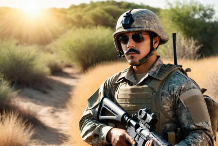 Mexican soldier man dressed military camouflage uniform with weapon at nature background, looking away. Portrait of male border guard in country border with autogun on war, outdoors. Copy text spaceの素材