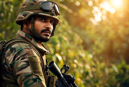 Indian soldier man dressed military camouflage uniform with weapon at nature background, looking away. Portrait of male border guard in country border with autogun on war, outdoors. Copy text spaceの素材