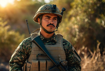 Mexican soldier man dressed military camouflage uniform with weapon at nature background, looking away. Portrait of male border guard in country border with autogun on war, outdoors. Copy text spaceの素材