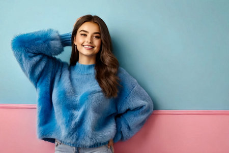 Cute teen lady model posing at colored wall, smiling looking at camera. Portrait of lovely teenage cover girl in blue fluffy sweater with positive emotion. Teenager emotional concept. Copy ad text spaceの素材
