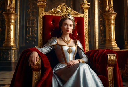 Medieval queen in historical image posing sitting on golden throne in castle room, looking at camera. Lovely lady in an old style on antique throne fortress. Concept of theatrical. Copy ad text spaceの素材
