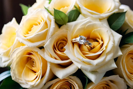 Close-up of wedding bright gold rings on bouquet bride flowers. Bridal backdrop for creative banner design, full frame. Wedding celebrate event concept. Copy advertising text space, poster wallpaperの素材