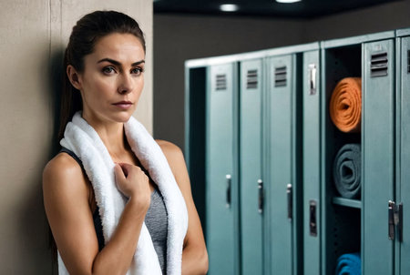 Pensive slim young woman with towel around neck at locker room old fitness gym, thought look. Sporty lovely bored lady athlete visit gym, shadow. Healthy lifestyle, workout concept. Copy ad text spaceの素材
