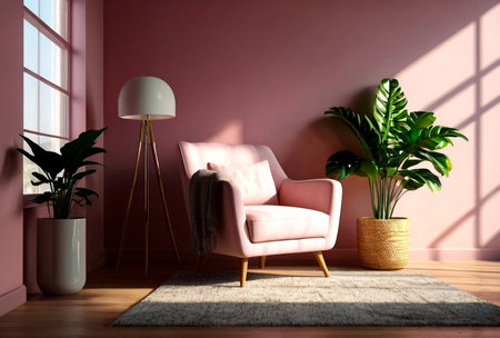 Color image stylish armchair and green house plant in interior domestic room with sunlight from window. Home composition of cozy living room with chair at pink background. Copy text spaceの素材