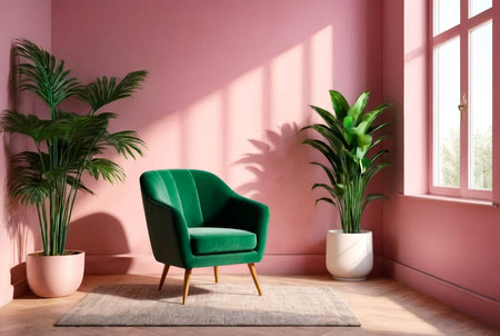 Color image stylish armchair and green house plant in interior domestic room with sunlight from window. Home composition of cozy living room with chair at pink background. Copy text spaceの素材