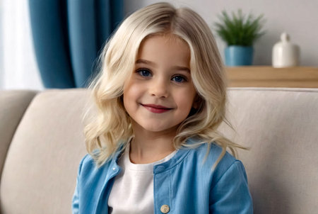 Little girl 4-5 years old blonde princess model in stylish casual clothes standing in living room looking at camera, smiling. Fashionable young lady model at home. Childhood concept. Copy text spaceの素材